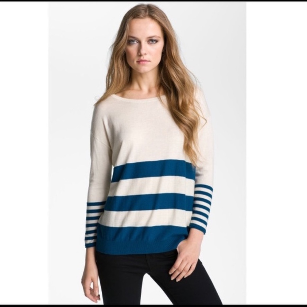 Joie Cream and Blue Striped Wool Blend Sweater